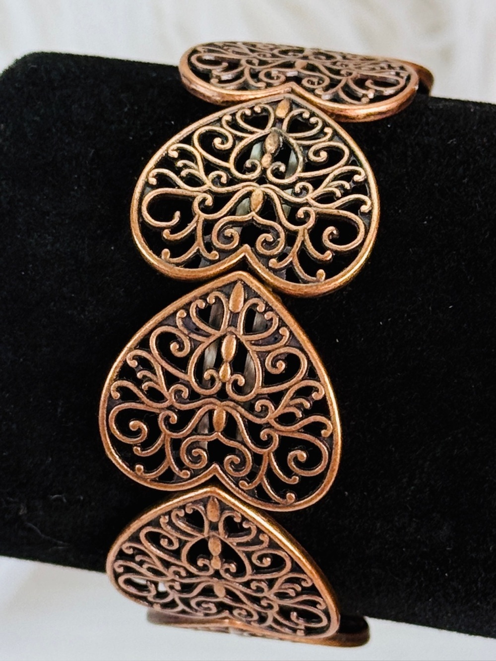 Copper tone Heart Filigree Stretch Bracelet - Picture 12 of 14
